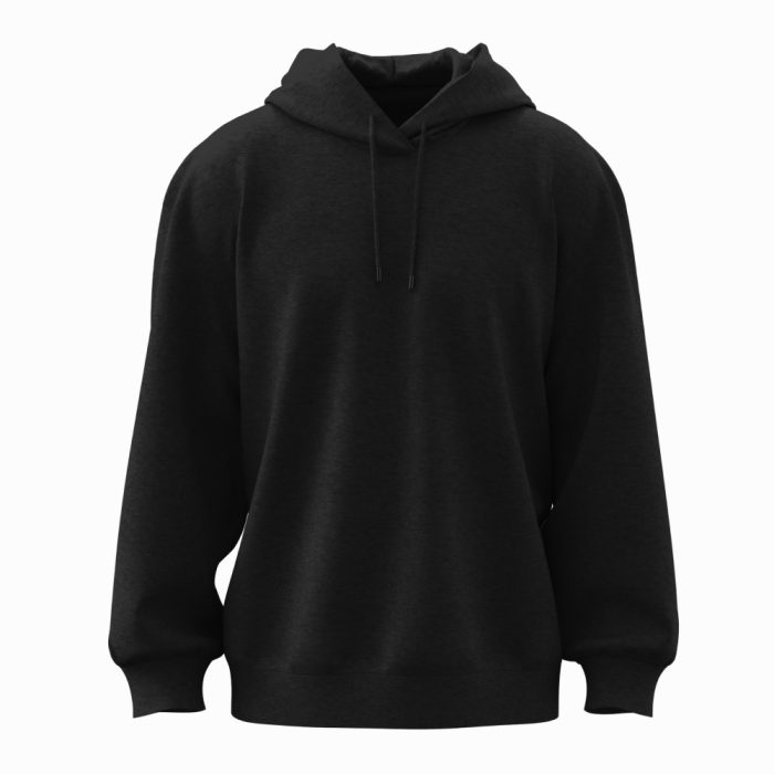 Black sweat pullover hoodie with drawstrings and a front pocket.