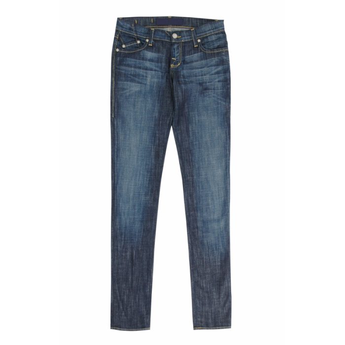 Sleek Denim Jeans in a dark wash with classic five-pocket styling and subtle fading.