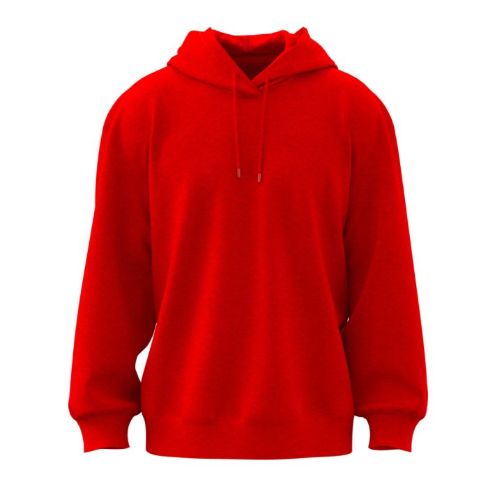 Red pullover hoodie with a drawstring hood and long sleeves on white background.