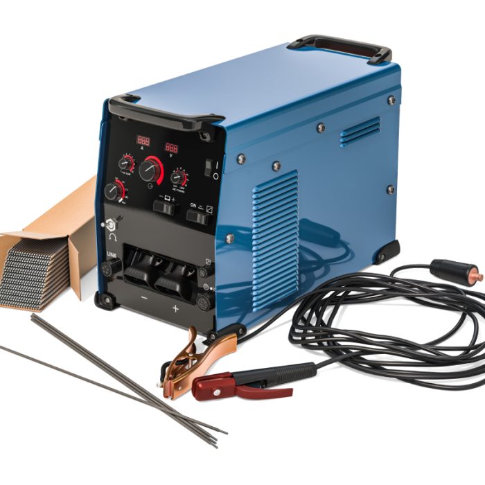 Blue industrial-grade welding machine with accessories on white background.