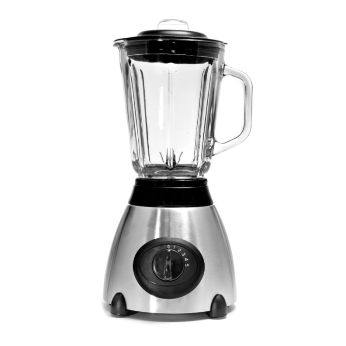 High-power kitchen blender with stainless steel base and glass jar on a white background.