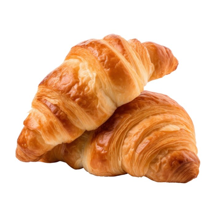 Two freshly baked, golden French croissants on a white background.