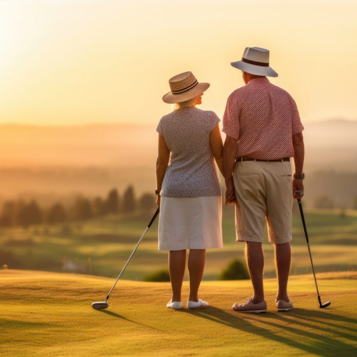 Elderly couple standing together on a golf course at sunset, holding golf clubs.