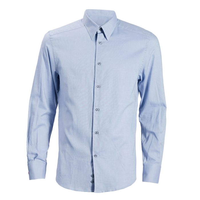 Light blue classic button-down dress shirt on a white background.