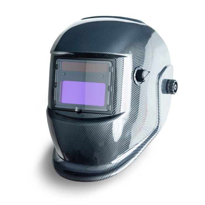 Full-coverage welding mask with carbon fiber design and adjustable headgear, isolated on white background.