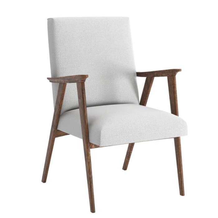 White modern chair with sleek design and wooden armrests on a plain background.