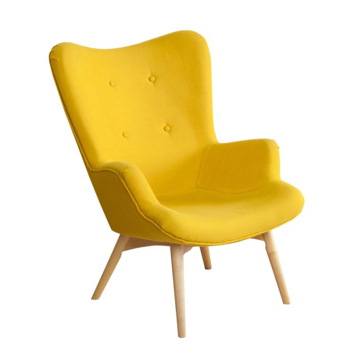 Bright yellow contemporary chair with a tufted backrest and angled wooden legs.